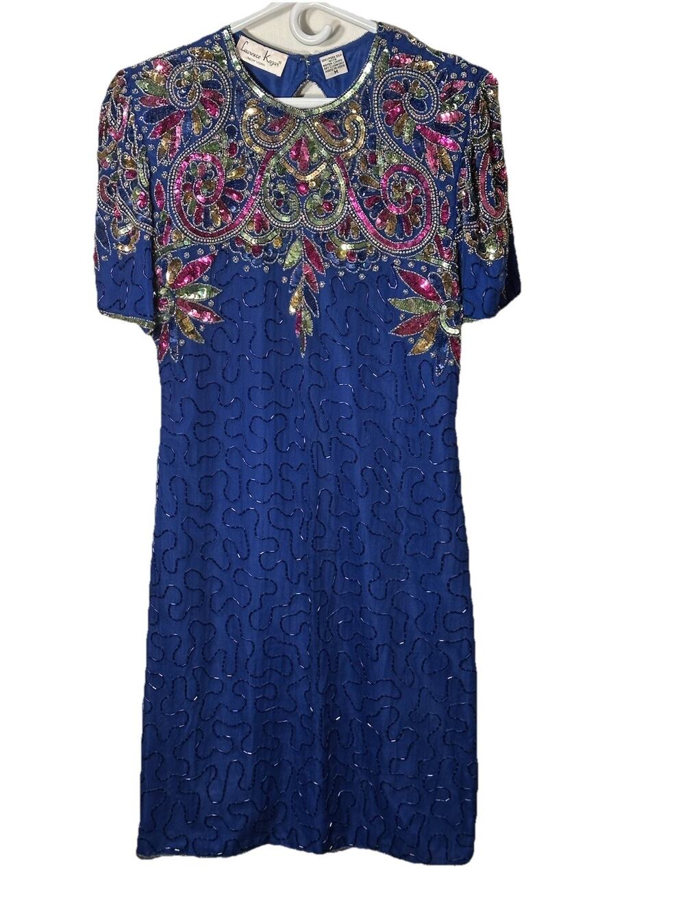 Vintage Lawrence Kazar Silk Blue Multi Bead Evening Dress 100% silk SZ M